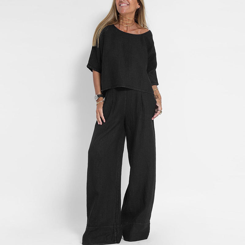 Casual Summer Short Sleeve Top and Loose Fit Pants Set