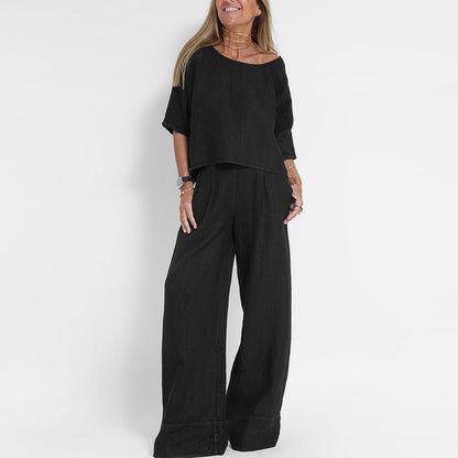 Casual Summer Short Sleeve Top and Loose Fit Pants Set