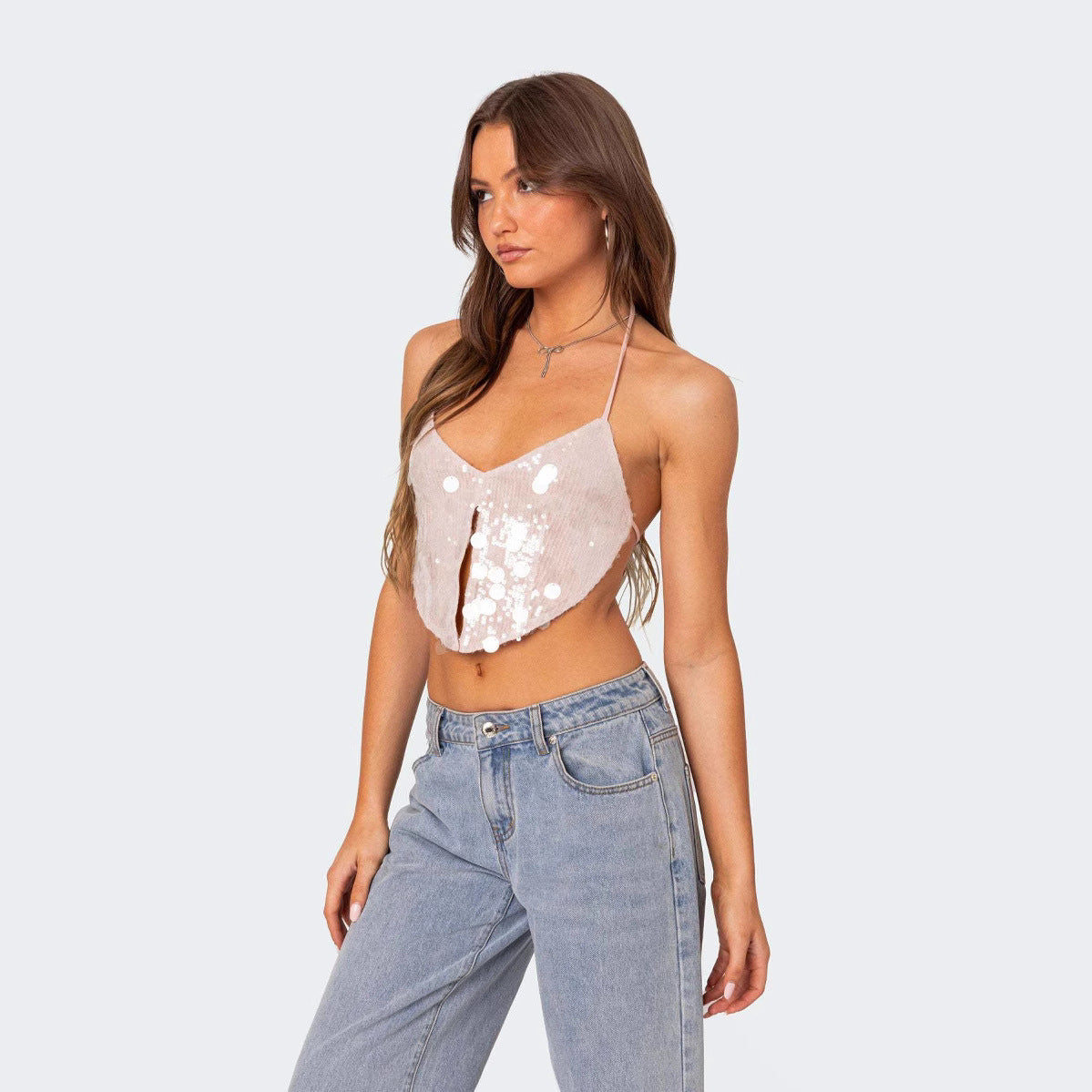 Women's Fitted Halter Top Deep V Shiny Clubwear