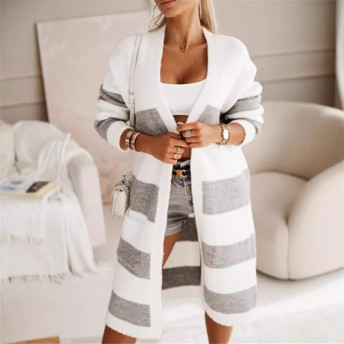Cozy Women's Striped Open Front Cardigan Sweater - Nocini