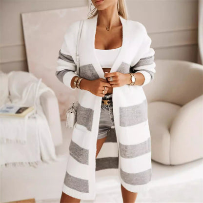 Cozy Women's Striped Open Front Cardigan Sweater - Nocini