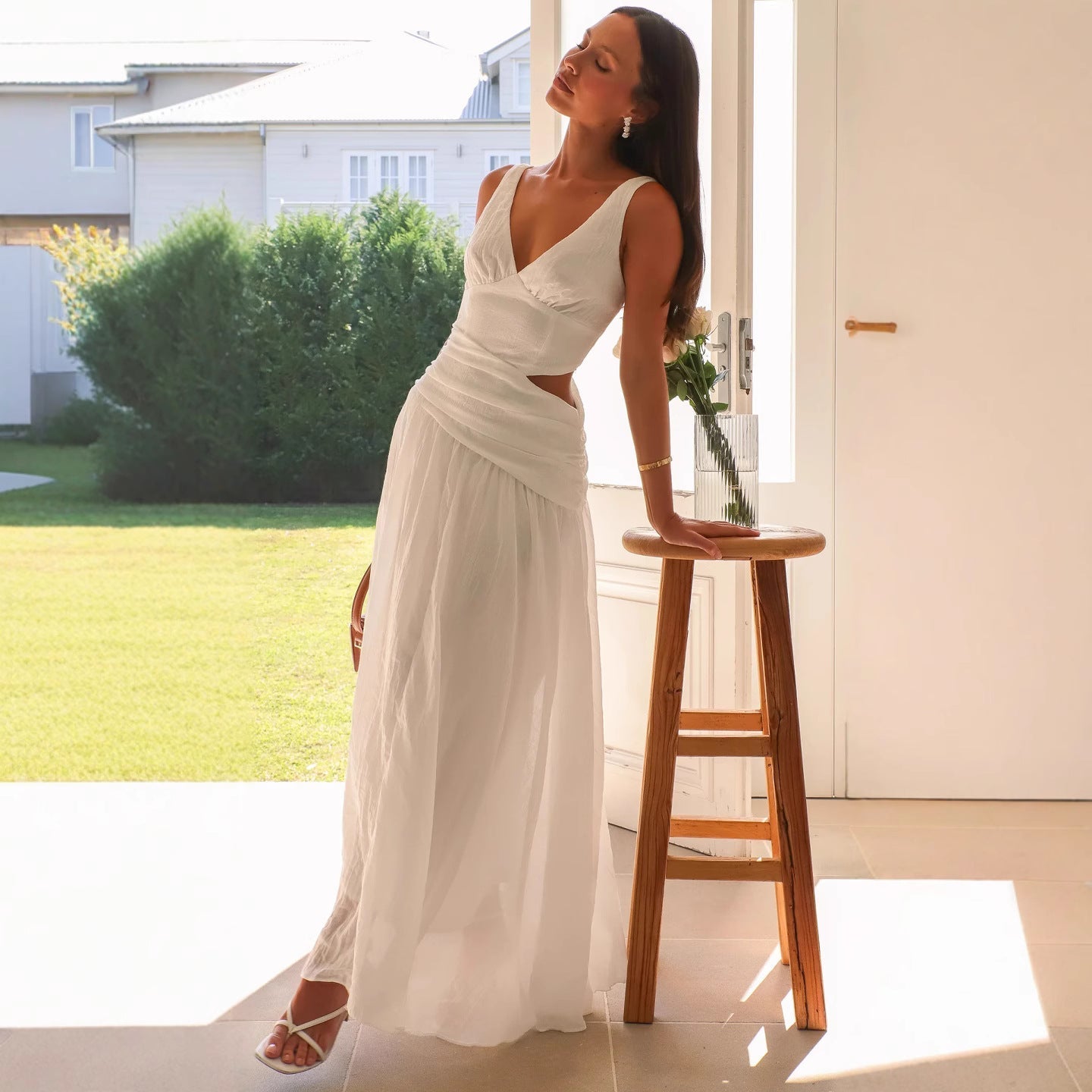 Elegant V Neck Maxi Dress with Cut Out Detail - Nocini