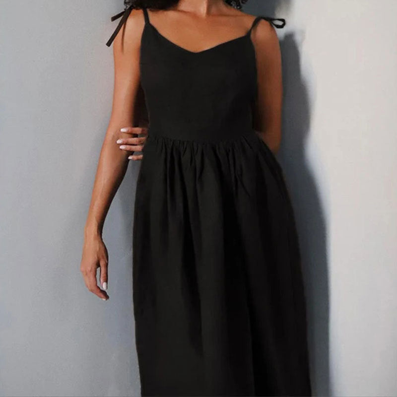 Casual V-Neck Midi Dress with Open Back Detail