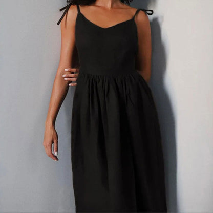 Casual V-Neck Midi Dress with Open Back Detail