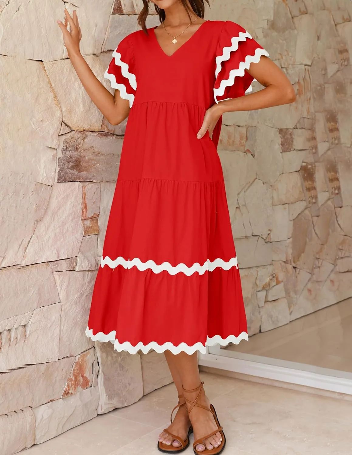 Casual V Neck Ruffle Sleeve Summer Dress
