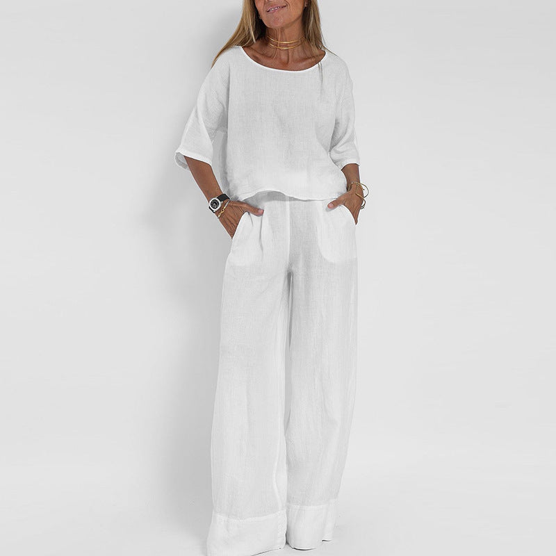 Casual Summer Short Sleeve Top and Loose Fit Pants Set