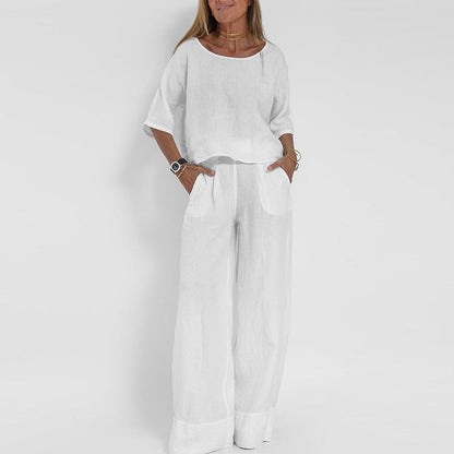 Casual Summer Short Sleeve Top and Loose Fit Pants Set