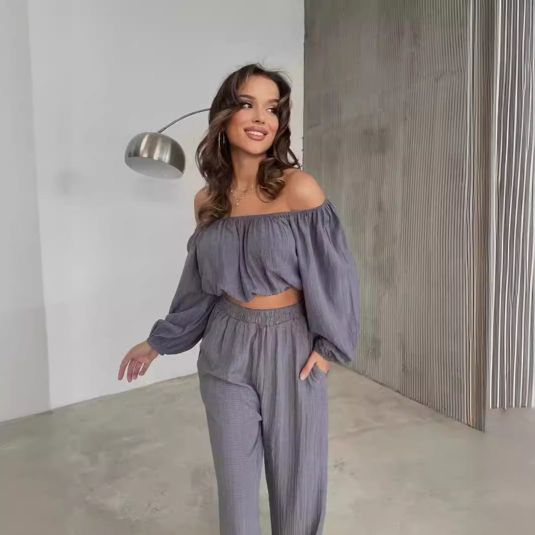 Ladies' Set - Cold Shoulder Cropped Top with High Waist Pants