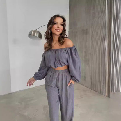 Ladies' Set - Cold Shoulder Cropped Top with High Waist Pants