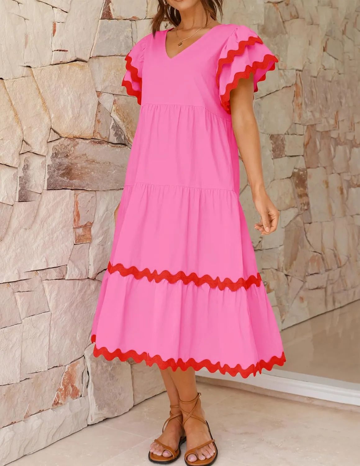 Casual V Neck Ruffle Sleeve Summer Dress