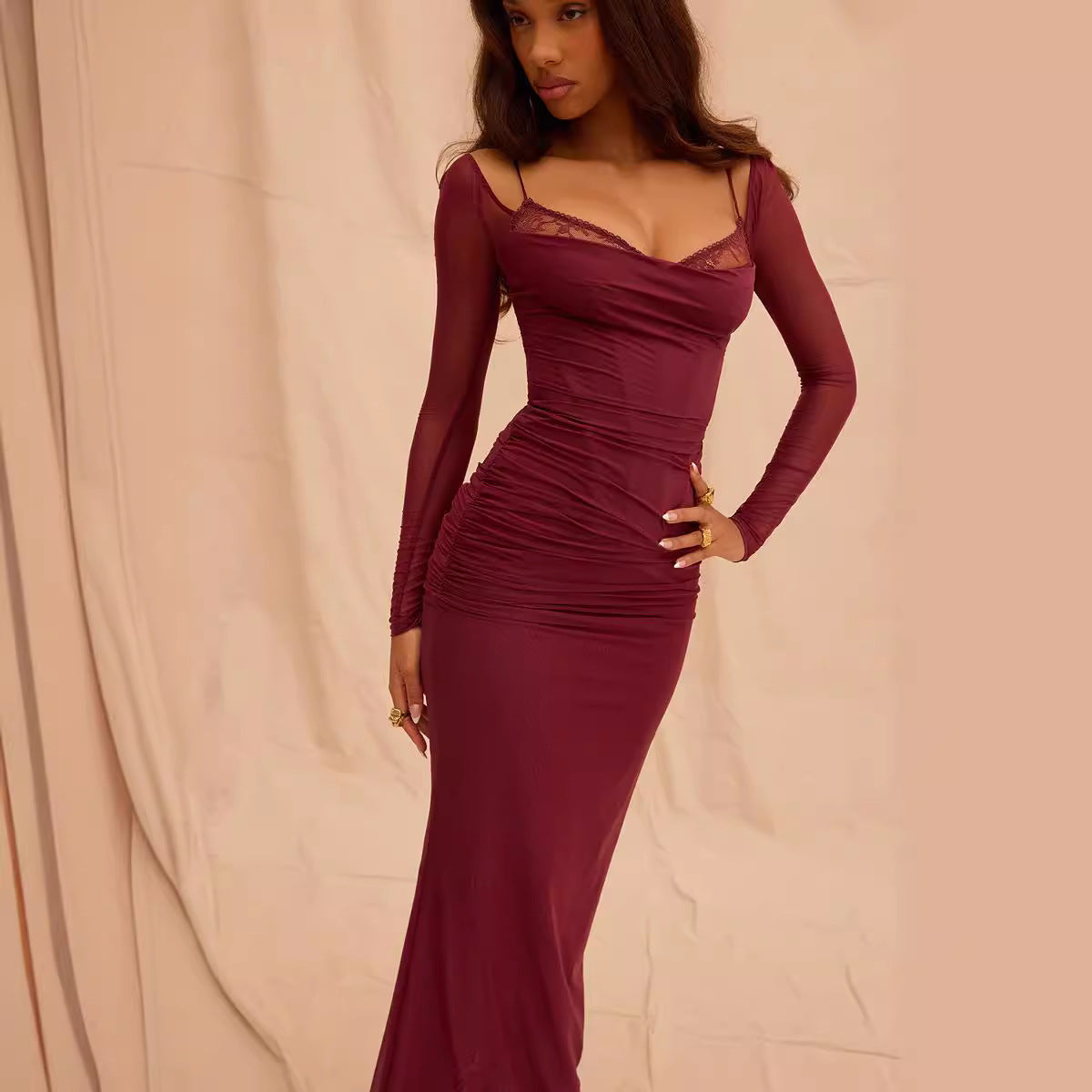 Chic Ankle Length Dress with Mesh Sleeves