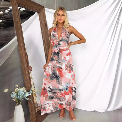 Floral V Neck Summer Dress with Tie Back Detail