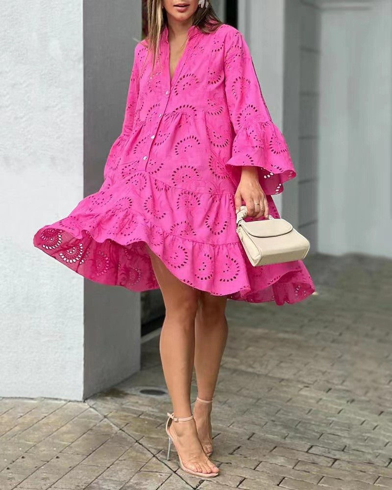 Feminine Ruffled Mini Dress with Lace Trim - Nocini