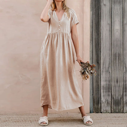 Relaxed Fit V-Neck Cotton Midi Dress