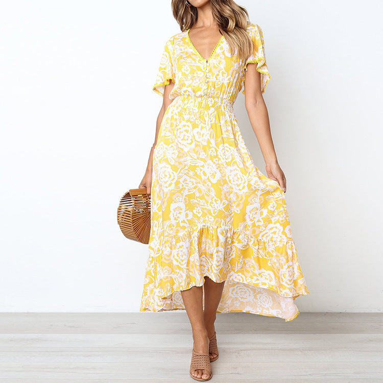 Loose Fit Floral V Neck Summer Dress - Nocini