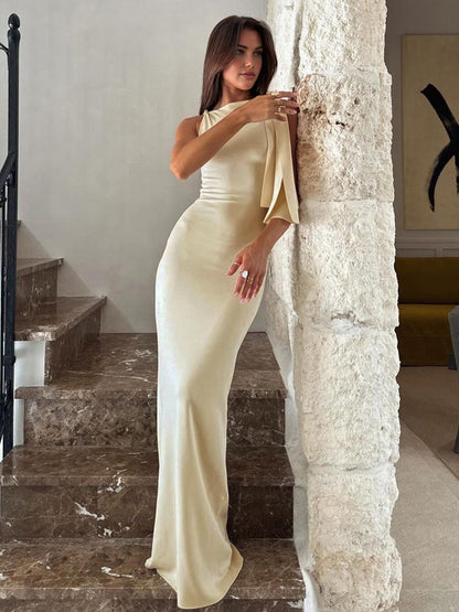 Elegant Cream Maxi Dress with Tie Detail