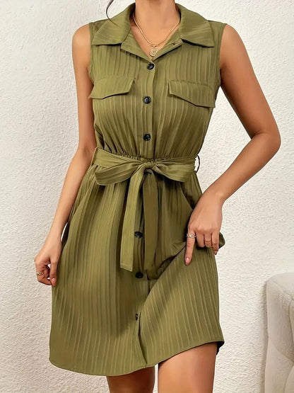 Summer Sleeveless Button Dress with Belt