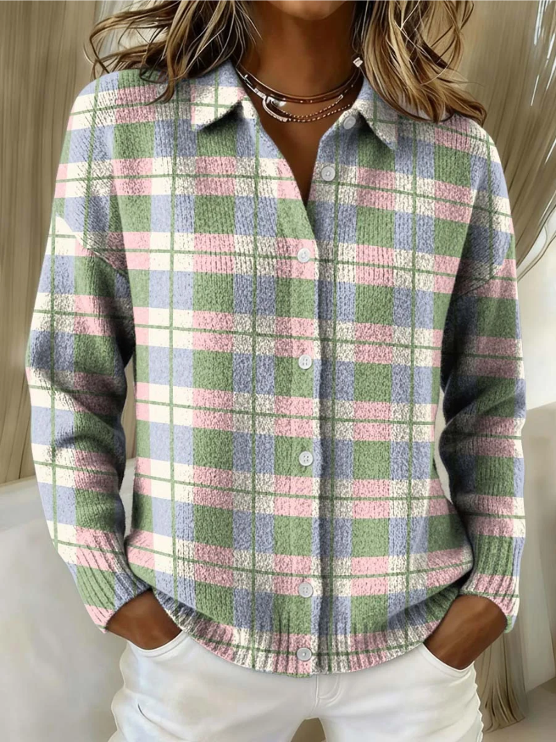 Soft Pastel Plaid Knit Women's Blouse - Olytrend