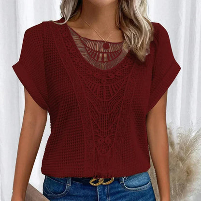 Women's Lace Trimmed Round Neck Top