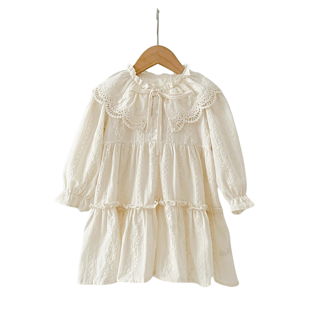 Girls Cute Lace Trim Long Sleeve Dress - Olytrend