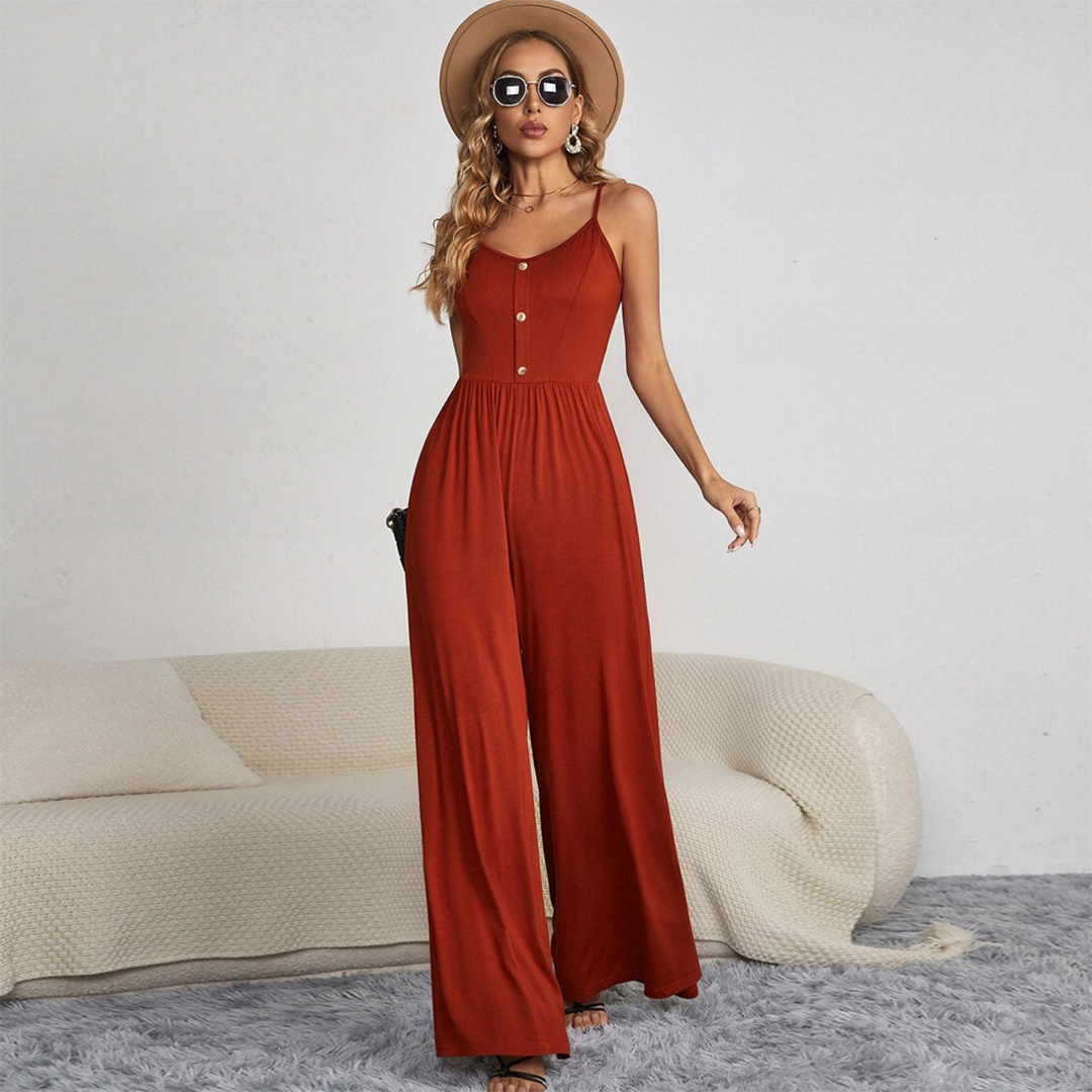 Women's Sleeveless Jumpsuit with Wide Legs and Button Detail - Nocini