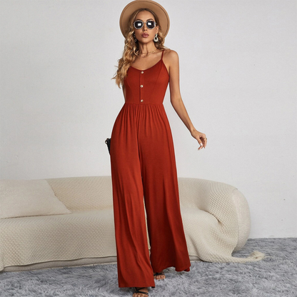 Women's Sleeveless Jumpsuit with Wide Legs and Button Detail - Nocini