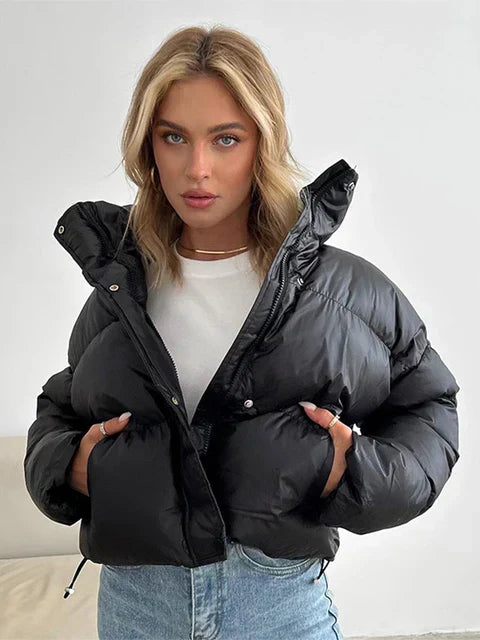 Women's Short Puffer Coat with Zip and High Neck