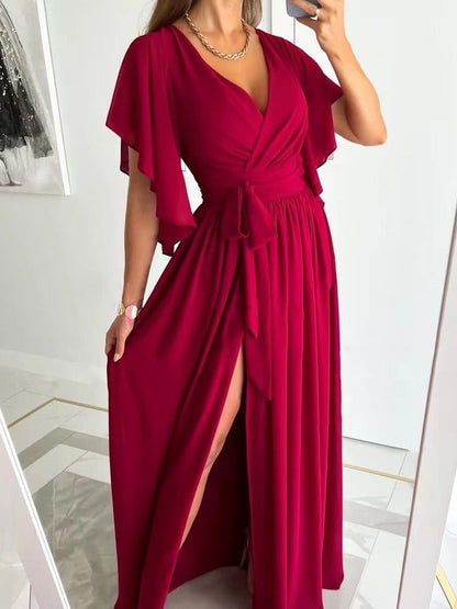 Long Sleeve V-Neck Maxi Dress with Tie Waist - Nocini