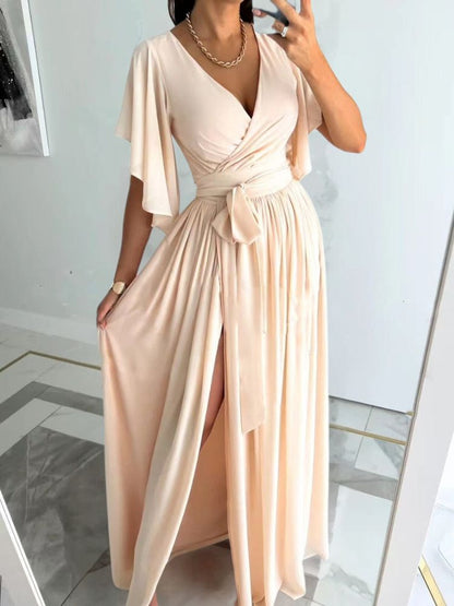 Long Sleeve V-Neck Maxi Dress with Tie Waist