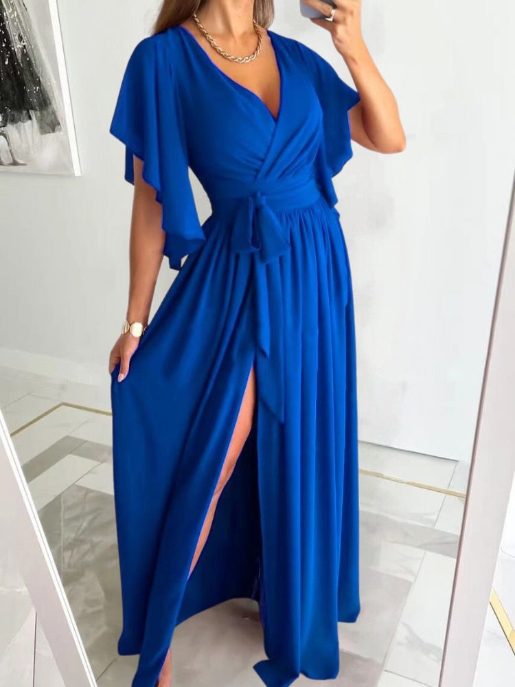 Long Sleeve V-Neck Maxi Dress with Tie Waist
