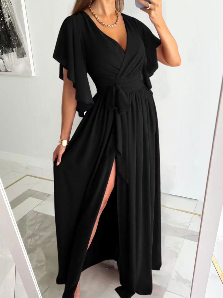 Long Sleeve V-Neck Maxi Dress with Tie Waist
