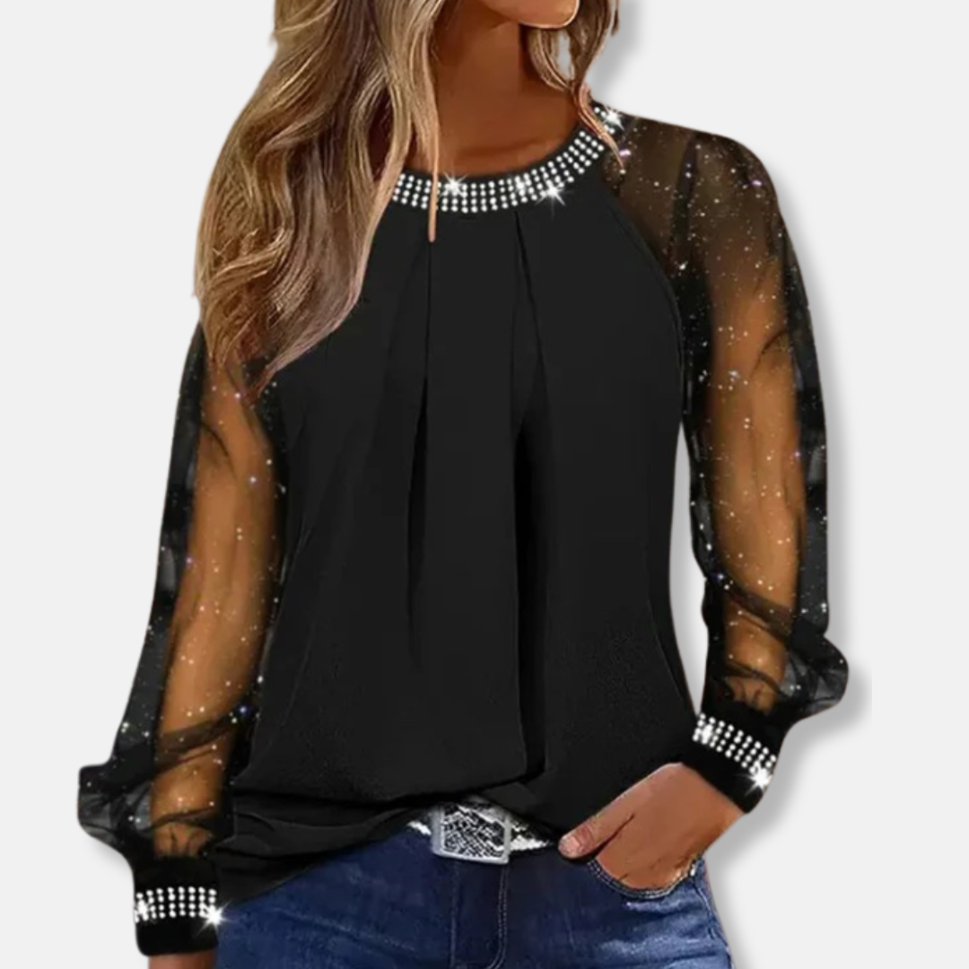 Casual Fit Rhinestone Blouse with Sheer Sleeves - Nocini