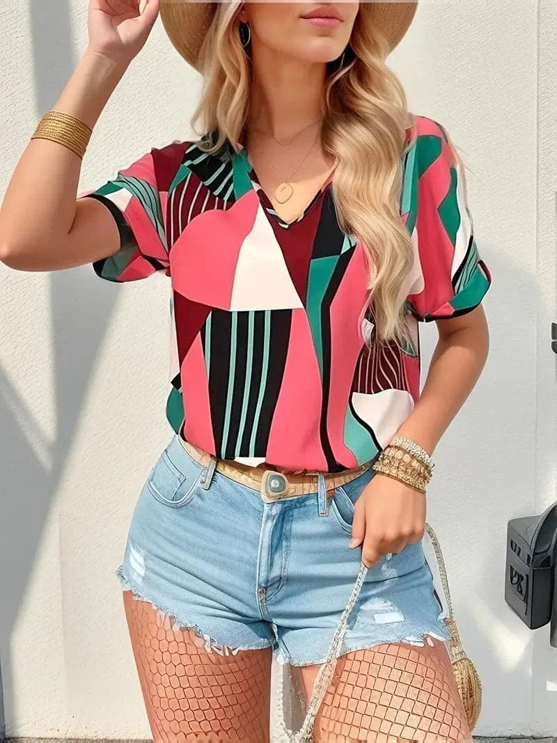 Soft V Neck Short Sleeve Women's Geometric Top - Nocini