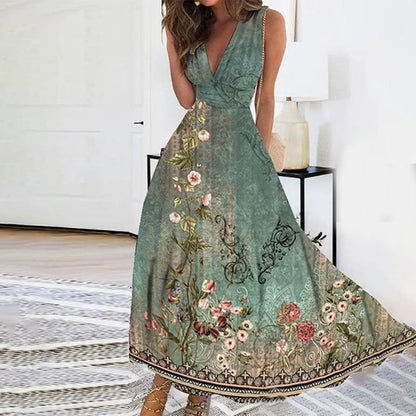 Women's Summer Floral V Neck Midi Dress with Thick Straps