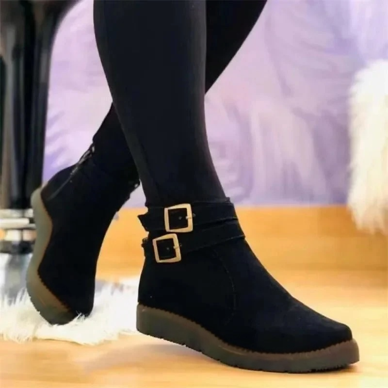 Ladies Low Heel Ankle Boots with Dual Buckles - Olytrend