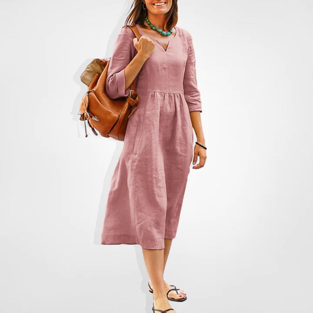 Casual V Neck Cotton Midi Dress for Women - Nocini