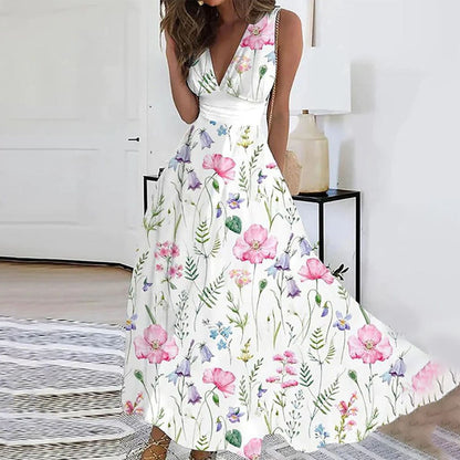 Women's Summer Floral V Neck Midi Dress with Thick Straps - Nocini