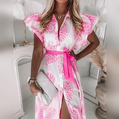 Flowy V Neck Maxi Dress with Floral Print and Sash - Nocini