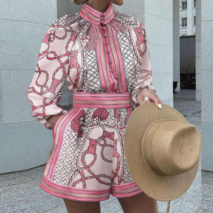 Women's Romper - Slim Fit - High Neck - Fluffy Sleeves - Chic Print Dress
