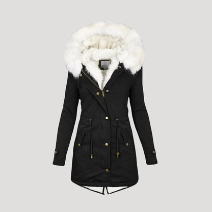 Warm Women's Coat with Fake Fur Hood