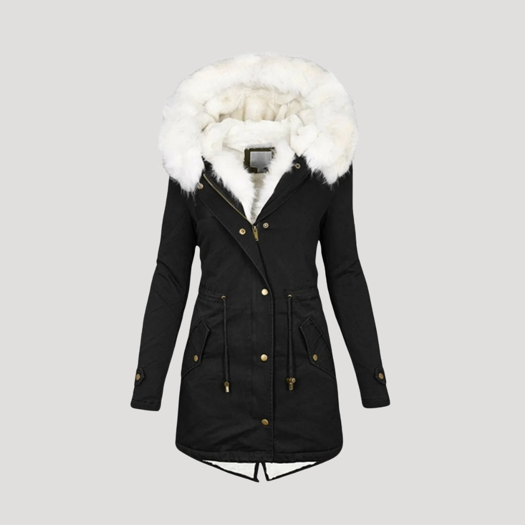 Ladies Warm Parka Coat with Faux Fur Hood and Waist Belt