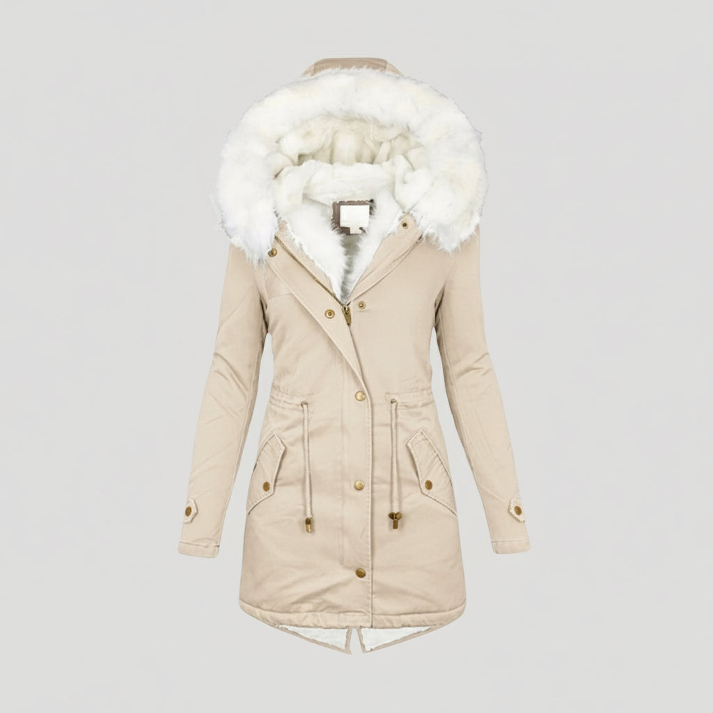 Warm Women's Coat with Fake Fur Hood