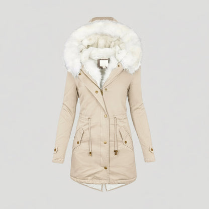Ladies Warm Parka Coat with Faux Fur Hood and Waist Belt