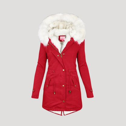 Ladies Warm Parka Coat with Faux Fur Hood and Waist Belt