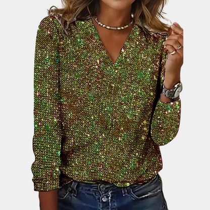 Glitter V-Neck Long Sleeve Women's Top