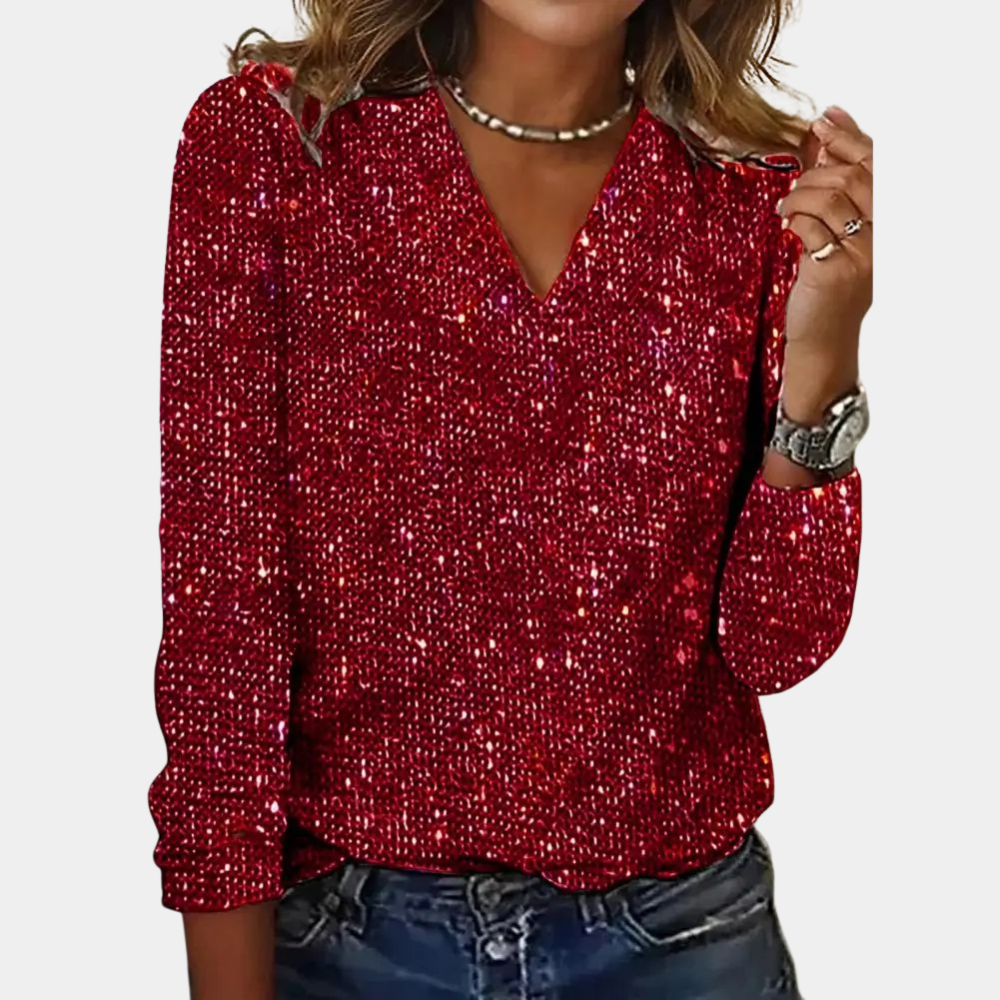 Glitter V-Neck Long Sleeve Women's Top