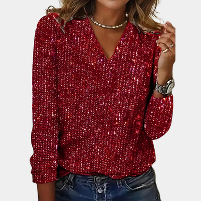 Glitter V-Neck Long Sleeve Women's Top