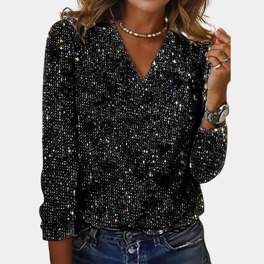Glitter V-Neck Long Sleeve Women's Top - Nocini