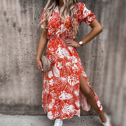 Casual Floral V-Neck A-Line Knee Length Dress