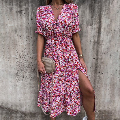 Casual Floral V-Neck A-Line Knee Length Dress - Nocini